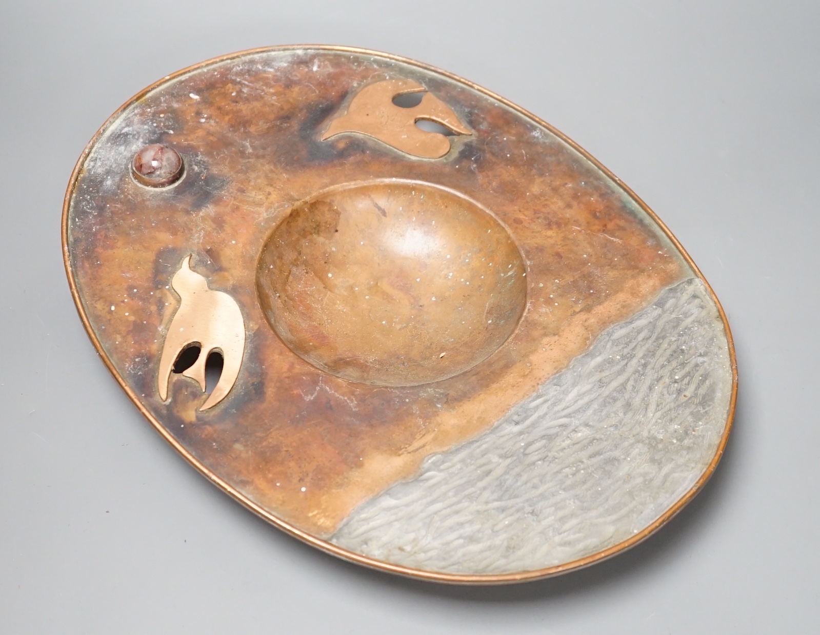 Sam Fanaroff oval copper and pewter abstract dish, with hard stone boss, 42cm